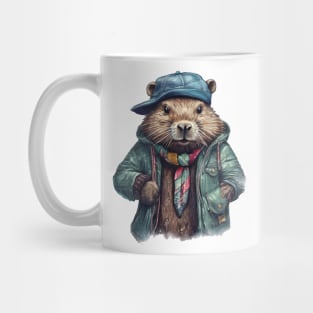 Beaver wearing a jacket cap and a scarf Mug